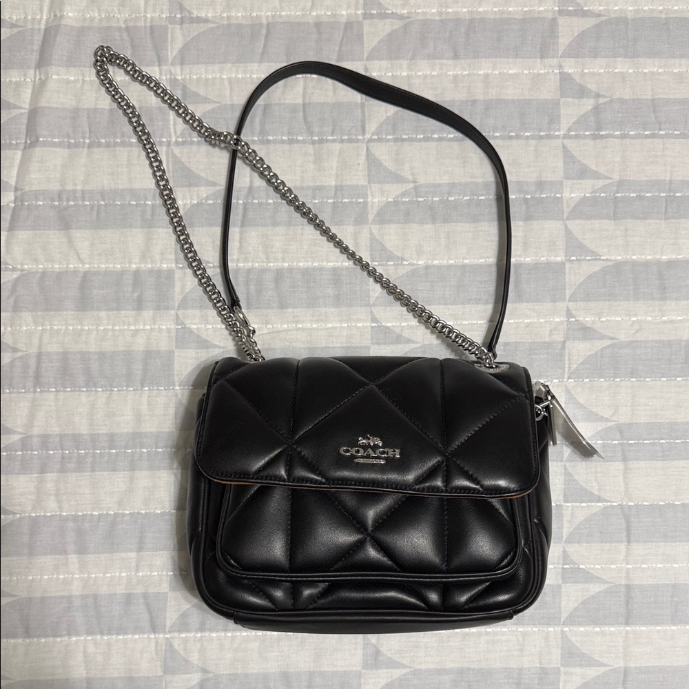 Coach Quilted Black Bag with Silver Chain